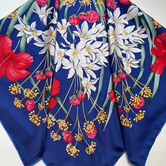 Salvatore Ferragamo Silk Scarf Flowers Blue Multicolor Wrap Scarf - Picture 15 of 15